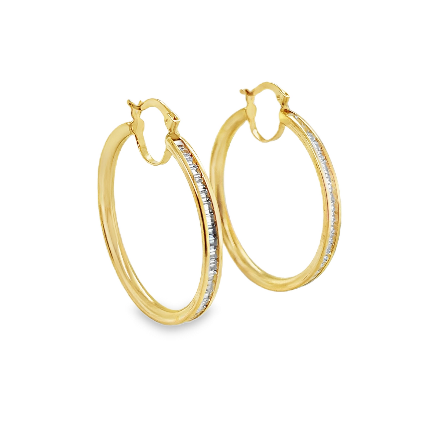 14K Round Gold Hoops CZ Baguette Stones