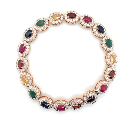 14K Gold Oval Gemstone and Diamond Halo Bracelet