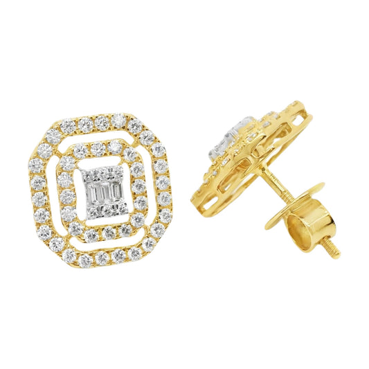 Baguette Pave Diamond Octagon Halo Studs 14K Solid Gold Earrings 0.94 Ct. T.W