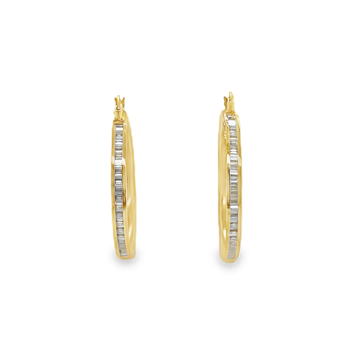 14K Round Gold Hoops CZ Baguette Stones