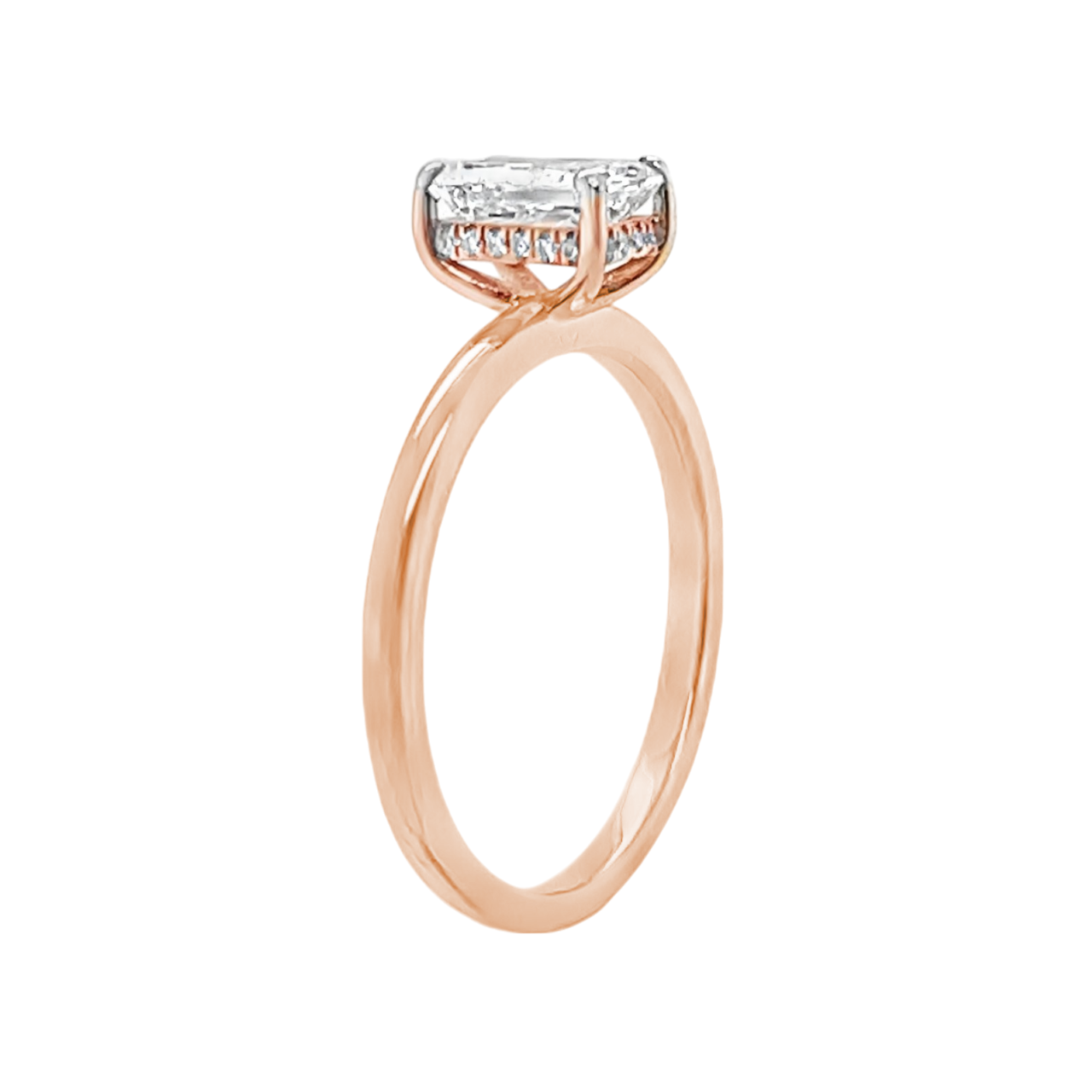 1.01 Carat Radiant Lab Grown Diamond in 18K Rose Gold Solitaire Setting with Hidden Halo