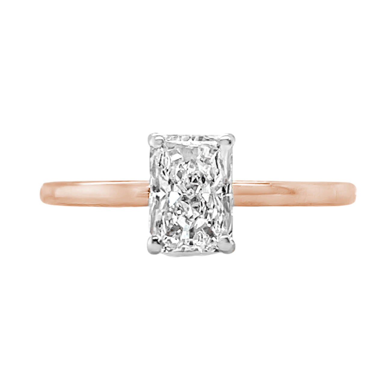 1.01 Carat Radiant Lab Grown Diamond in 18K Rose Gold Solitaire Setting with Hidden Halo